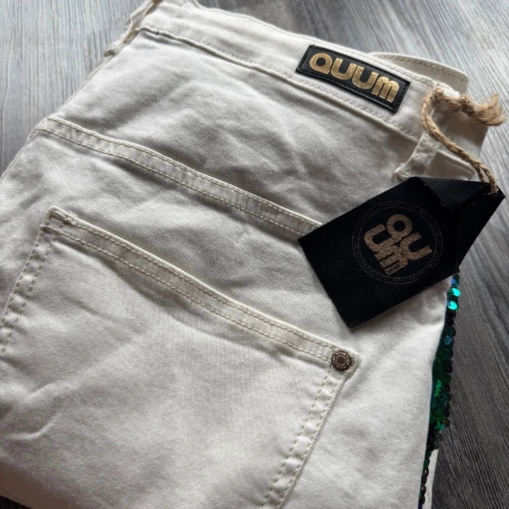 NEW QUUM Shop Women's 2XL White Stretch Sequin Jeans Destressed Blue Green - Picture 7 of 7